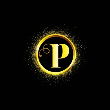 Altın kıvılcım yüzüğünün ortasındaki P harfi altın ikonu. Boş merkezli P logosu işareti. Siyah arka planda toz parıltısı grafiği olan altın parıltılı bir yüzük. Muhteşem dekoratif parlak tasarım..