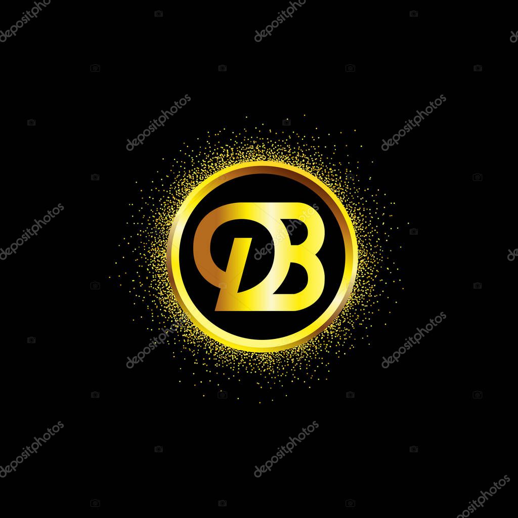 DB letter golden icon in middle of golden sparking ring. DB logo sign with empty center. Golden sparkling ring with dust glitter graphic on black background. Glorious decorative glowing shiny design.