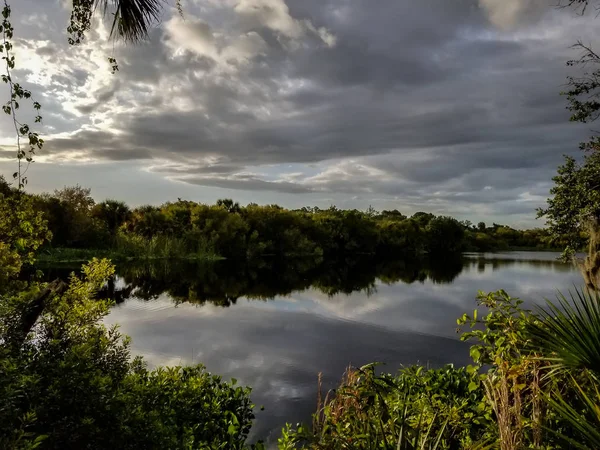 The calm waters of the Myakka River in southwest Florida reflecting the clouds.