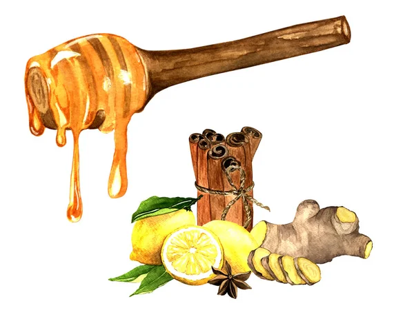 水彩画 准备好了 柠檬在树枝上 生姜片 蜂蜜在手杖上 白色背景上的孤立物体 — 图库照片