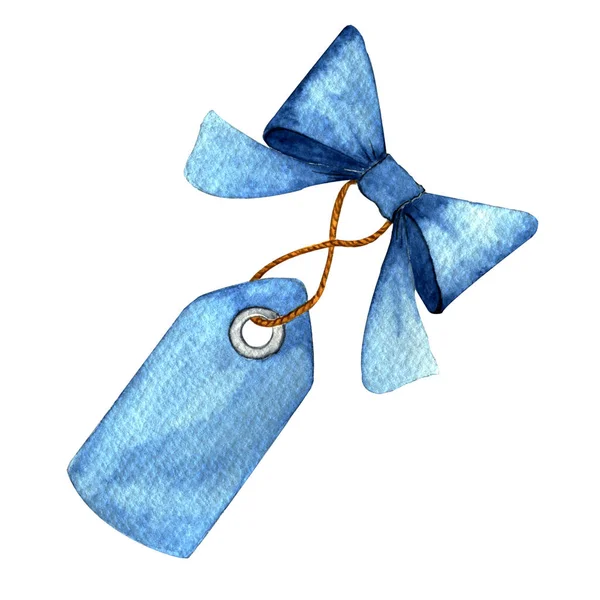 Ilustração Aquarela Desenho Manual Etiqueta Azul Com Fita Presente Arco — Fotografia de Stock