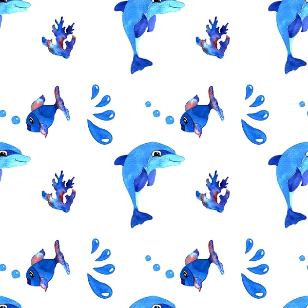 水彩画 无缝图案 蓝色海豚 水滴和气泡 白色背景 — 图库照片