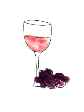 Suluboya çizimi. El boyası. Clipart. Bir bardak gül şarabı, bir demet üzüm. Çizgi film parçaları. Beyaz arkaplan.