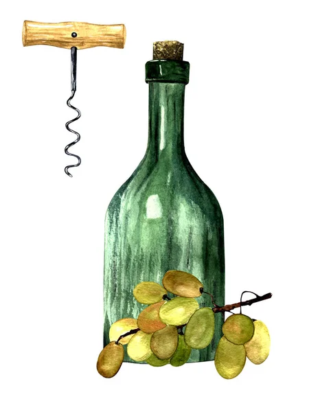 水彩画 克里斯多 绿色酒瓶 开瓶器 一堆绿色葡萄 白人背景 — 图库照片