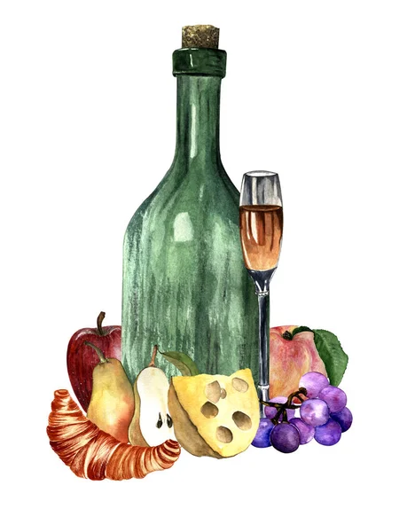 Ilustración Acuarela Dibujo Mano Juego Picnic Botella Verde Vino Queso — Foto de Stock