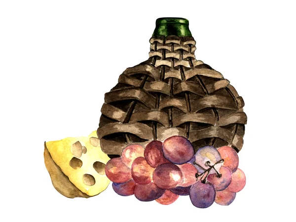 Watercolor Illustration Hand Drawing Bottle Wine Cheese Grapes — 스톡 사진