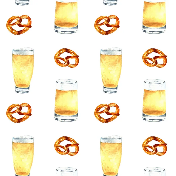 Ilustración Acuarela Dibujo Mano Patrón Sin Costuras Vasos Cerveza Pretzel — Foto de Stock