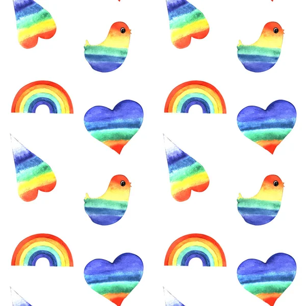 水彩画です手描き 虹色のハート 虹色の鳥 虹色の背景の虹のシームレスなパターン — ストック写真