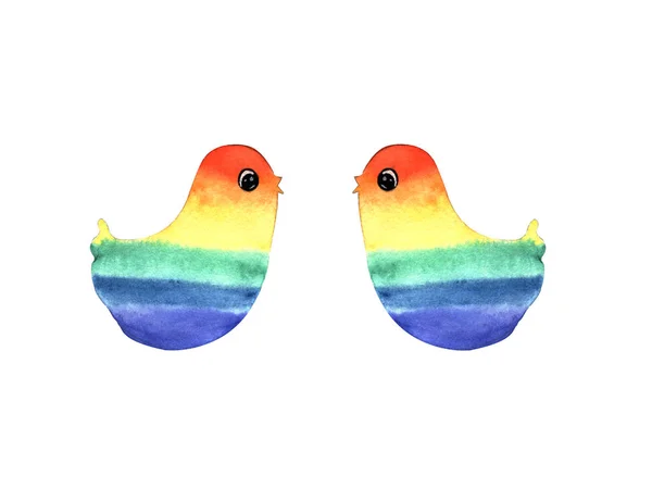 Ilustración Acuarela Pintado Mano Dos Pequeños Pájaros Arco Iris Sobre — Foto de Stock