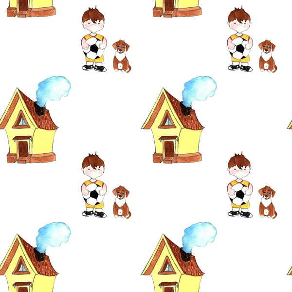 Watercolor Illustration Hand Painted Seamless Pattern Cartoon Boy Ball House — 스톡 사진