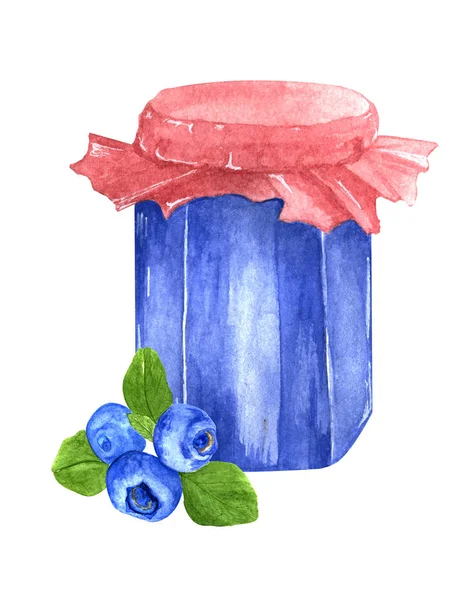 Illustrazione Acquerello Dipinto Mano Vaso Con Marmellata Mirtilli Mirtilli Fondo — Foto Stock