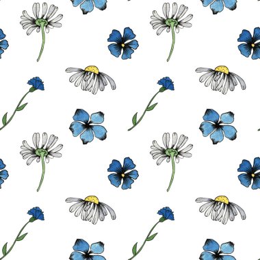 Suluboya ve siyah kalem çizimi. El boyası. Beyaz bir arka planda papatya ve çiçek desenleri.