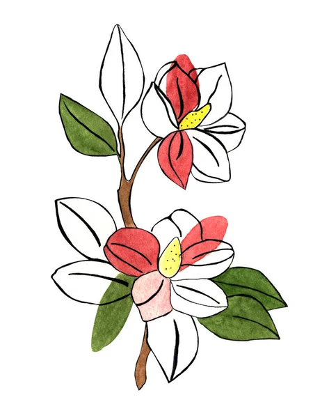 Watercolor Black Pencil Illustration Hand Painted One Branch Pink Flowers — 스톡 사진