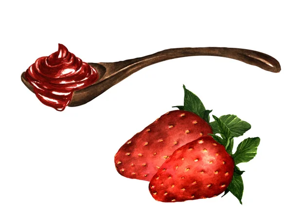 水彩画 带有草莓果酱和草莓的木制勺子 背景为白色 — 图库照片