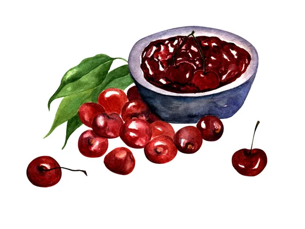 Akvarell Illusztráció Kézzel Festett Cseresznye Lekvár Tálban Cseresznye Bogyók Fehér — Stock Fotó