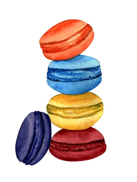 Aquarell Illustration Handbemalt Ein Stapel Mehrfarbiger Makronenkuchen Auf Weißem Hintergrund — Stockfoto