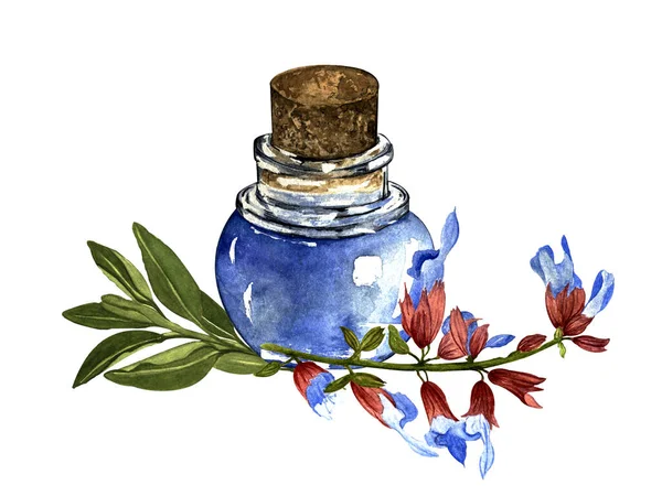 Ilustración Acuarela Pintado Mano Botella Con Aceite Esencial Ramas Lavanda — Foto de Stock