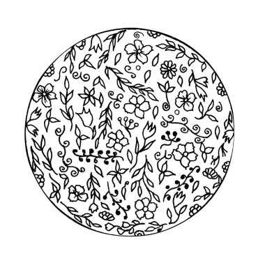 Siyah kalemle çizilmiş. El boyası. Beyaz arka planda siyah ve beyaz kır çiçekleri çemberi.