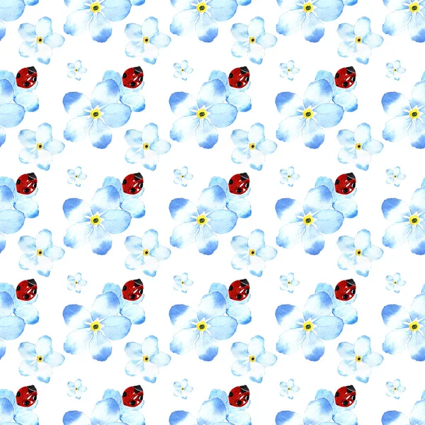 水彩画です 手描き 白い背景に青い花やテントウムシのシームレスなパターン — ストック写真