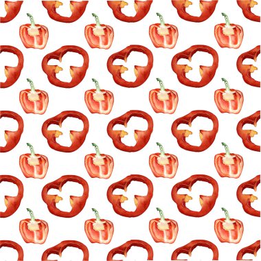 Suluboya çizimi. El boyası. Kusursuz dilimler ve yarım tatlı kırmızı biber deseni..