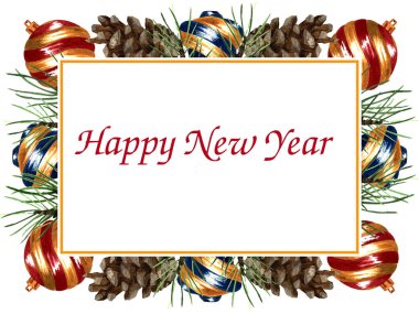 Suluboya çizimi. El boyası. Noel ağacı süslemelerinden yeni yıl tebrik kartı çerçevesi.