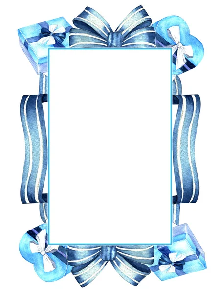 Suluboya çizimi. El boyası. mavi hediye kutuları ve mavi kurdelelerin kare çerçevesi.