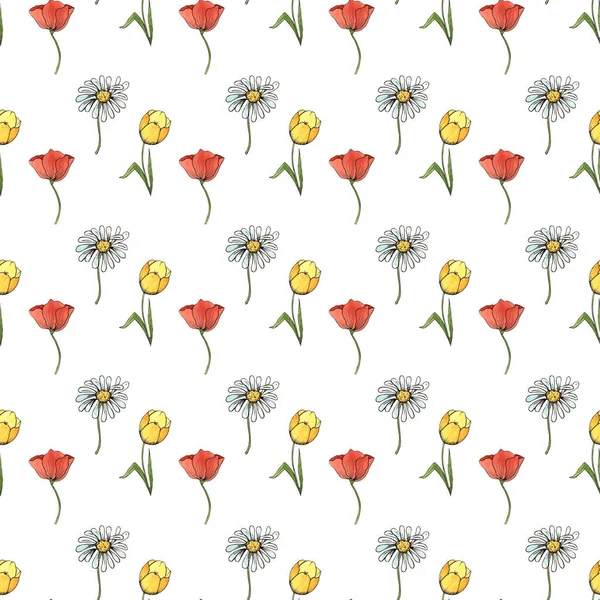 Watercolor Illustration Hand Painted Seamless Pattern Yellow Tulips Daisies Poppies — Stock fotografie