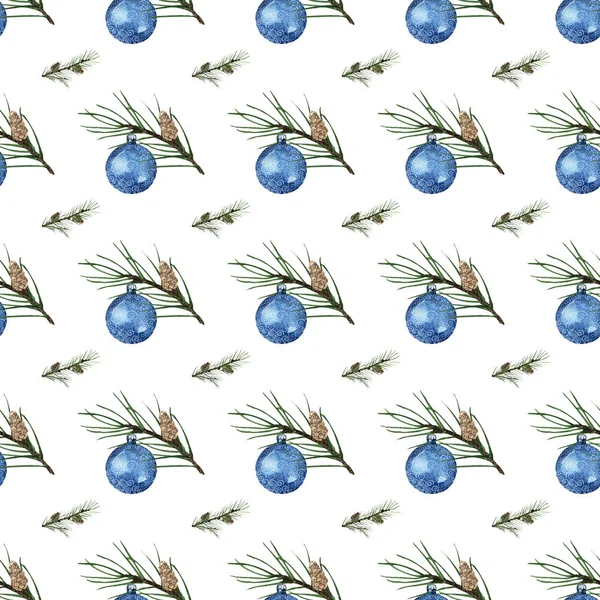 Illustrazione Acquerello Dipinto Mano Modello Senza Cuciture Palline Natale Blu — Foto Stock