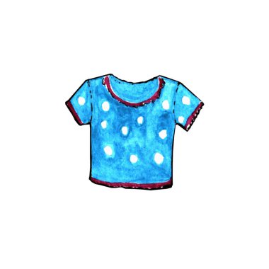 Suluboya çizimi. El boyası. Beyaz arkaplanda beyaz benekli bir mavi tişört.