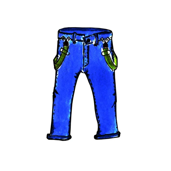 Aquarelillustratie Hand Geschilderd Blauwe Jeans Met Groene Bretels Een Witte — Stockfoto