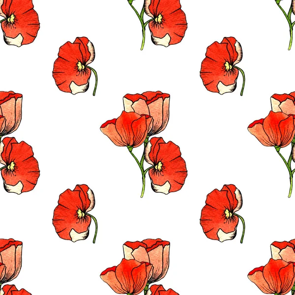 Aquarell Illustration Handbemalt Nahtloses Muster Roter Mohnblumen Auf Weißem Hintergrund — Stockfoto