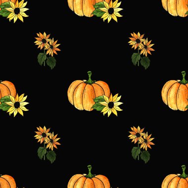 Suluboya çizimi. El boyası. Siyah arka planda olgunlaşmış balkabakları ve ayçiçeklerinin kusursuz deseni.