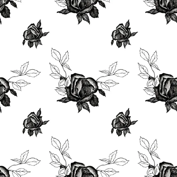 Иллюстрация Черным Карандашом Ручная Роспись Бесшовный Узор Черной Розы Листьями — стоковое фото