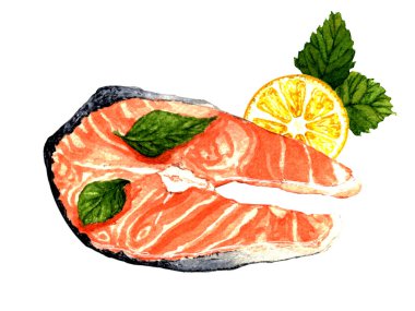 Suluboya çizimi. El boyası. Beyaz arka planda somon bifteği ve limon dilimi.