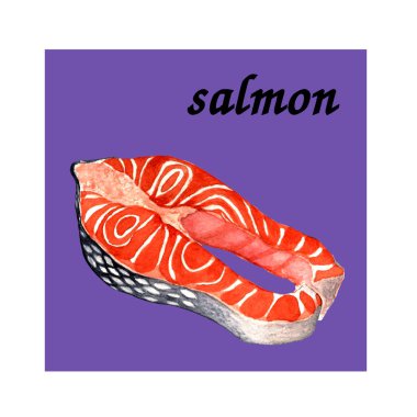 Suluboya çizimi. El boyası. Leylak arkaplanda somon bifteği.