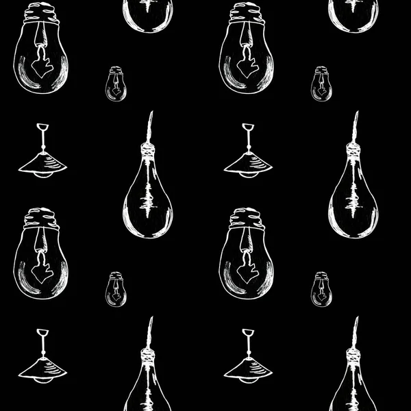 Illustration Black Pencil Hand Painted Seamless Pattern Chandeliers Light Bulbs — Stock Photo, Image