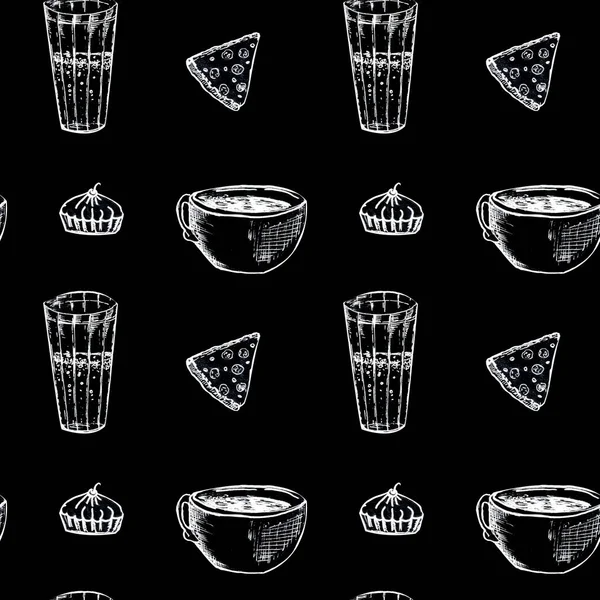 Illustration Black Pencil Hand Painted Seamless Pattern Glasses Cups Slices — Stock Photo, Image