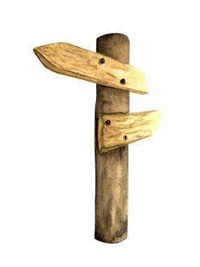 Suluboya çizimi. El çizimi. Beyaz arka planda yol işaretleri olan izole bir ahşap vintage direk..