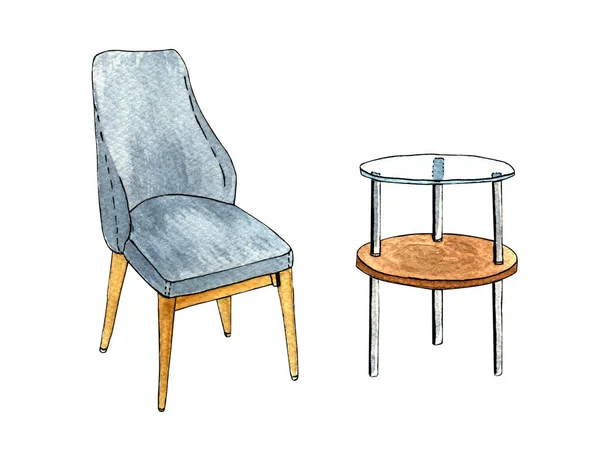 İki parçalı el yapımı suluboya mobilyalar beyaz arka planda mavi koltuk ve cam masa..