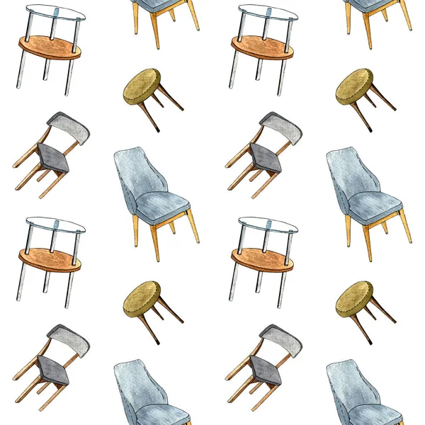 Ilustração Desenhada Mão Aquarela Padrão Sem Costura Cadeiras Poltronas Fundo — Fotografia de Stock