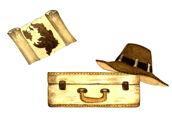 Beyaz Bir Arkaplanda Çizimi Harita Bavul Koloni Şapkalarından Oluşan Suluboya — Stok fotoğraf