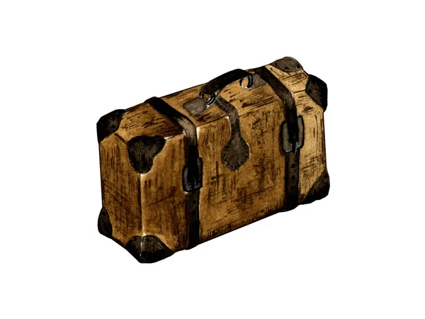 水彩画 一个孤立的老式棕色行李箱 白色背景上有带子 — 图库照片