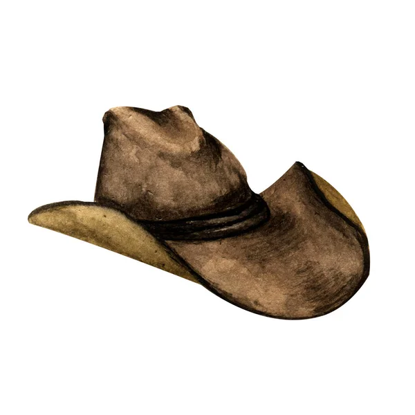 手工绘制的水彩画隔离了一个深褐色皮革牛仔帽白色背景 — 图库照片