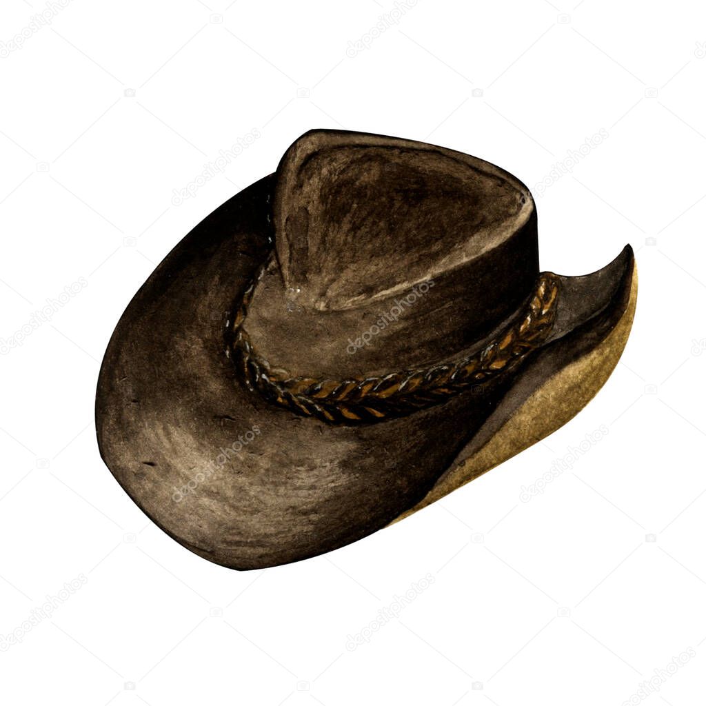 hand drawn watercolor isolated one dark brown leather hat on a white background.