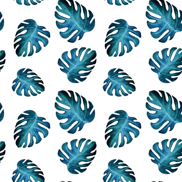 手描きの水彩画白地に青いモンスターの葉のシームレスなパターン — ストック写真