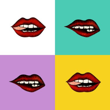 Dört farklı renkte kareye elle çizilmiş kırmızı dudaklar..