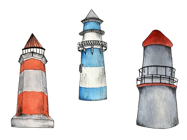 Beyaz arka planda üç deniz fenerinin el çizimi suluboya koleksiyonu.