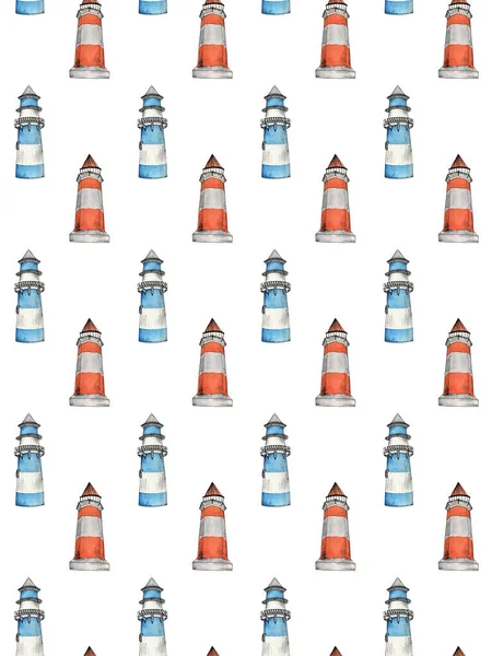 Hand Drawn Watercolor Pattern Lighthouses White Background — Stock Photo, Image