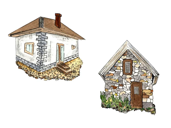 Handgezeichnetes Aquarell Set Von Zwei Isolierten Alten Rustikalen Steinhäusern Auf — Stockfoto