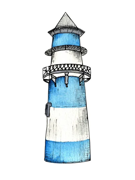 Phare Aquarelle Isolé Dessiné Main Avec Des Rayures Bleues Sur — Photo